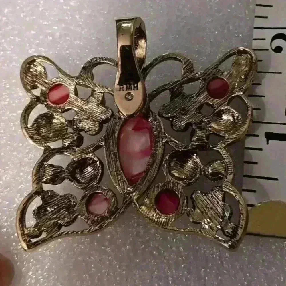 Vintage RMN Butterfly Floral Pendant Pink Silver Trim 2
